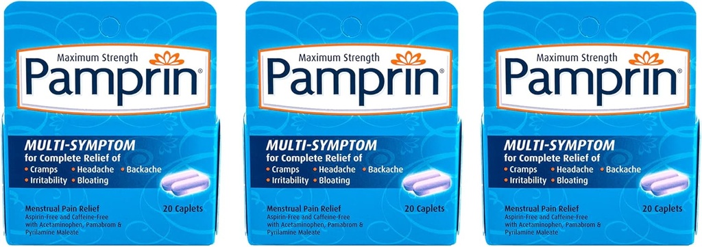 Pamprin Multi-Symptom Formula, con Acetaminophen, Rilievo di sintomi di periodo mestruale, 20 Caplets (Pack of 3)