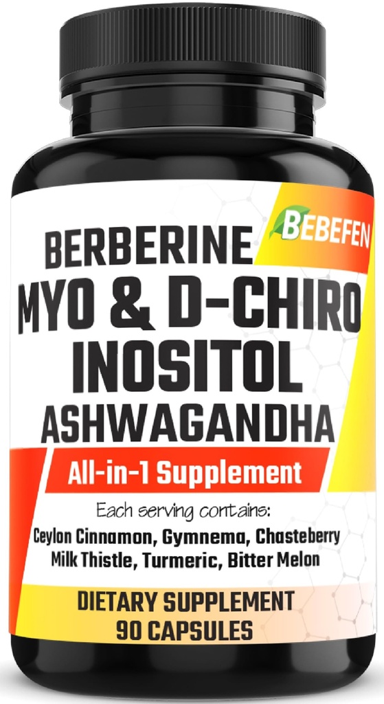 Myo-Inositol & D-Chiro Inositol Capsule con Ashwagandha, Berberina, Cinnamon, Gymnema, Chasteberry, Latte Thistle, Turmeric, Bitter Melon - 90 Capsule