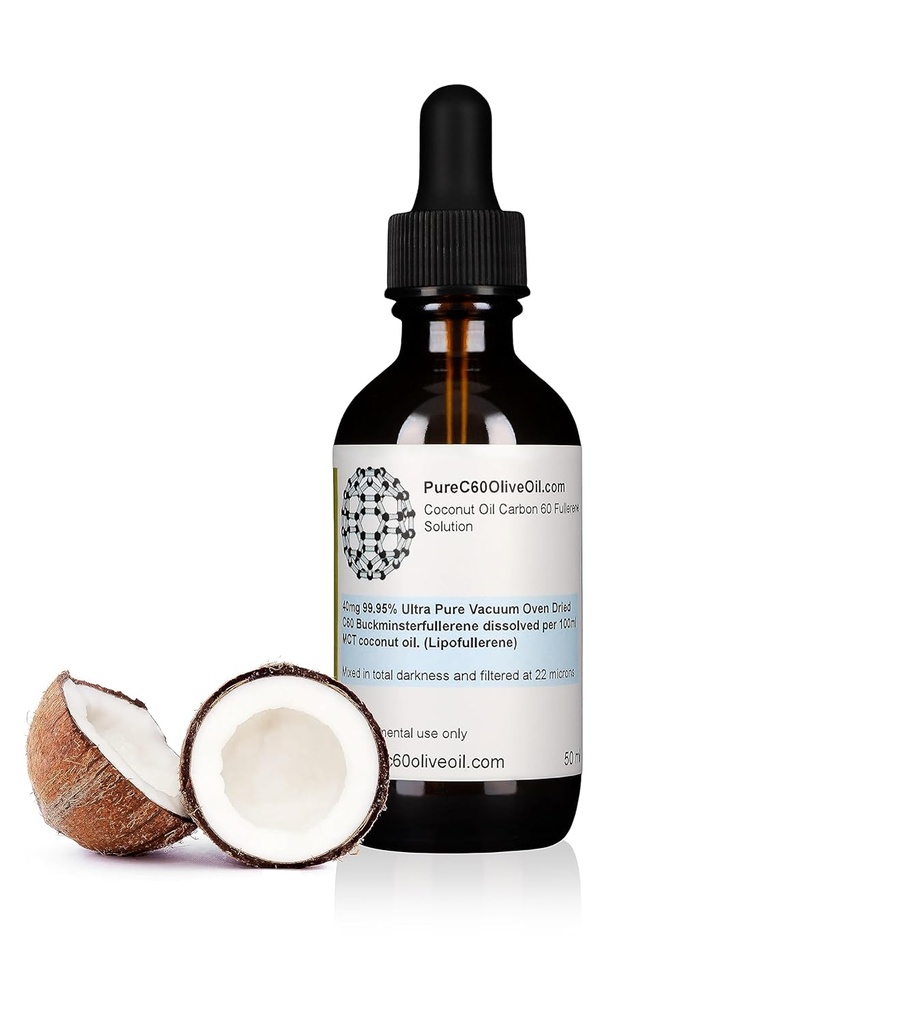 PureC60OliveOil C60 Organic MCT Coconut Oil 50ml / 1.7 Fl Oz - 99,95% Carbon 60 Solvent Free 20mg - Amber Glass Bottle - Food Grade - Carbon 60 MCT Coconut Oil - da The Leading Global Producer
