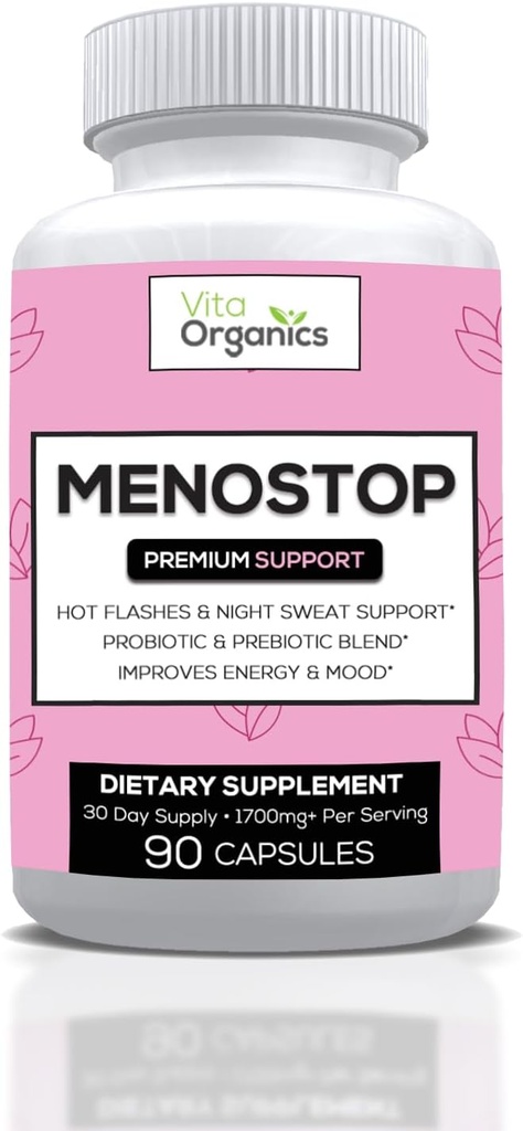 MenoStop - Flash caldi e supporto di menopausa - Nero Cohosh, Ashwagandha, Dong Quai, Prebiotico e Miscela Probiotica - Alimentazione da 30 giorni