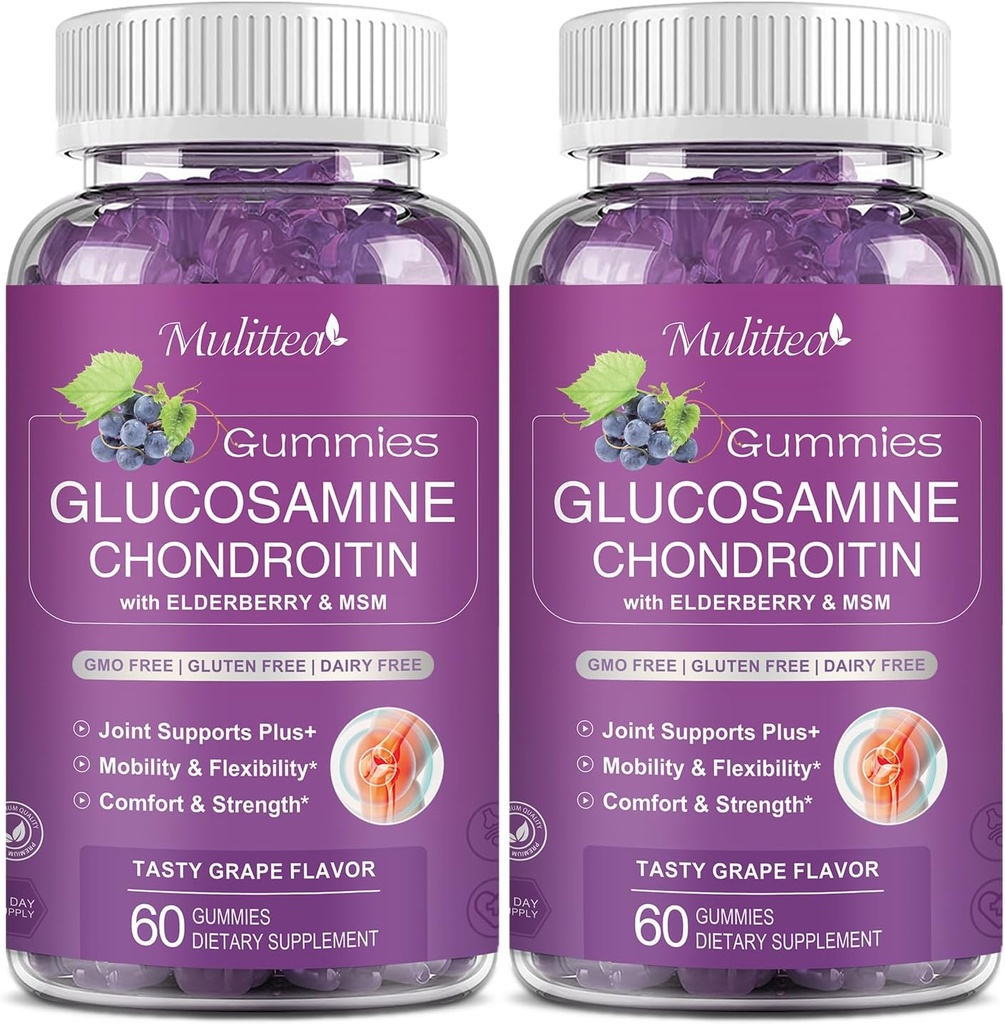 Mulittea Glucosamine Chondroitin Gummies - Supplemento di supporto congiunto extra-forza con MSM & Elderberry per giunto naturale, supporto immunitario antiossidante per adulti, uomini e donne-sgar-Free (2 Confezione)