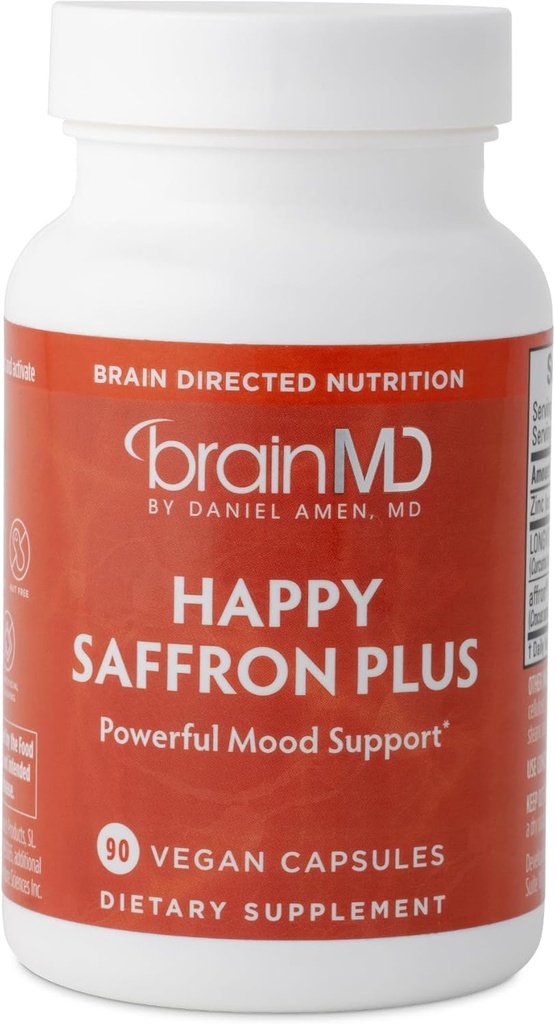 Dr Amen BrainMD Happy Saffron Plus - 90 Capsule, Confezione da 2 - Con Estratto di fiori di zafferano, Curcumina & Zinc - Vegan, Gluten Free - 60 Total Servings