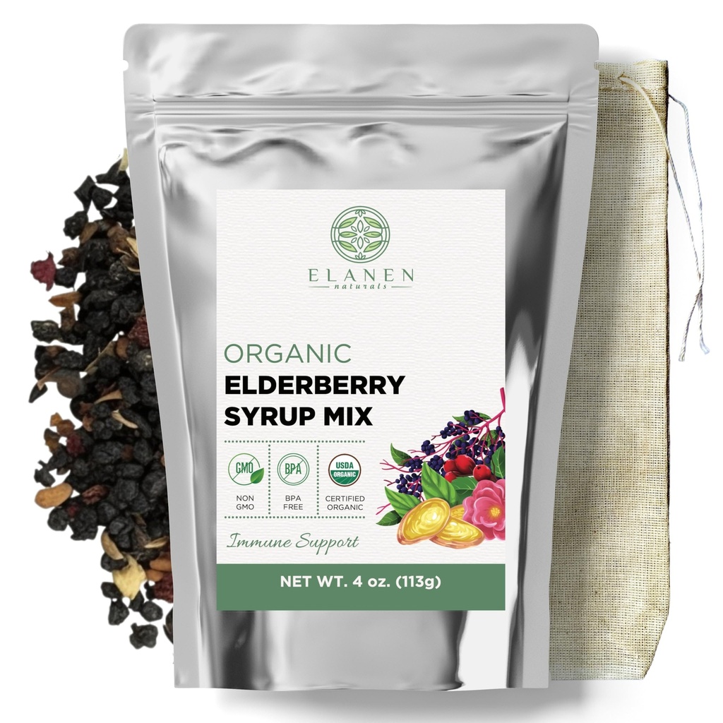 Elanen Naturals Organic Elderberry Syrup Kit, fino a 24 oz, Include Natural Cotton Brew Bag, USDA Certified Organic Dried Elderberries and Immune Support Herbs, Bulk Kit, 4 oz. (113g)
