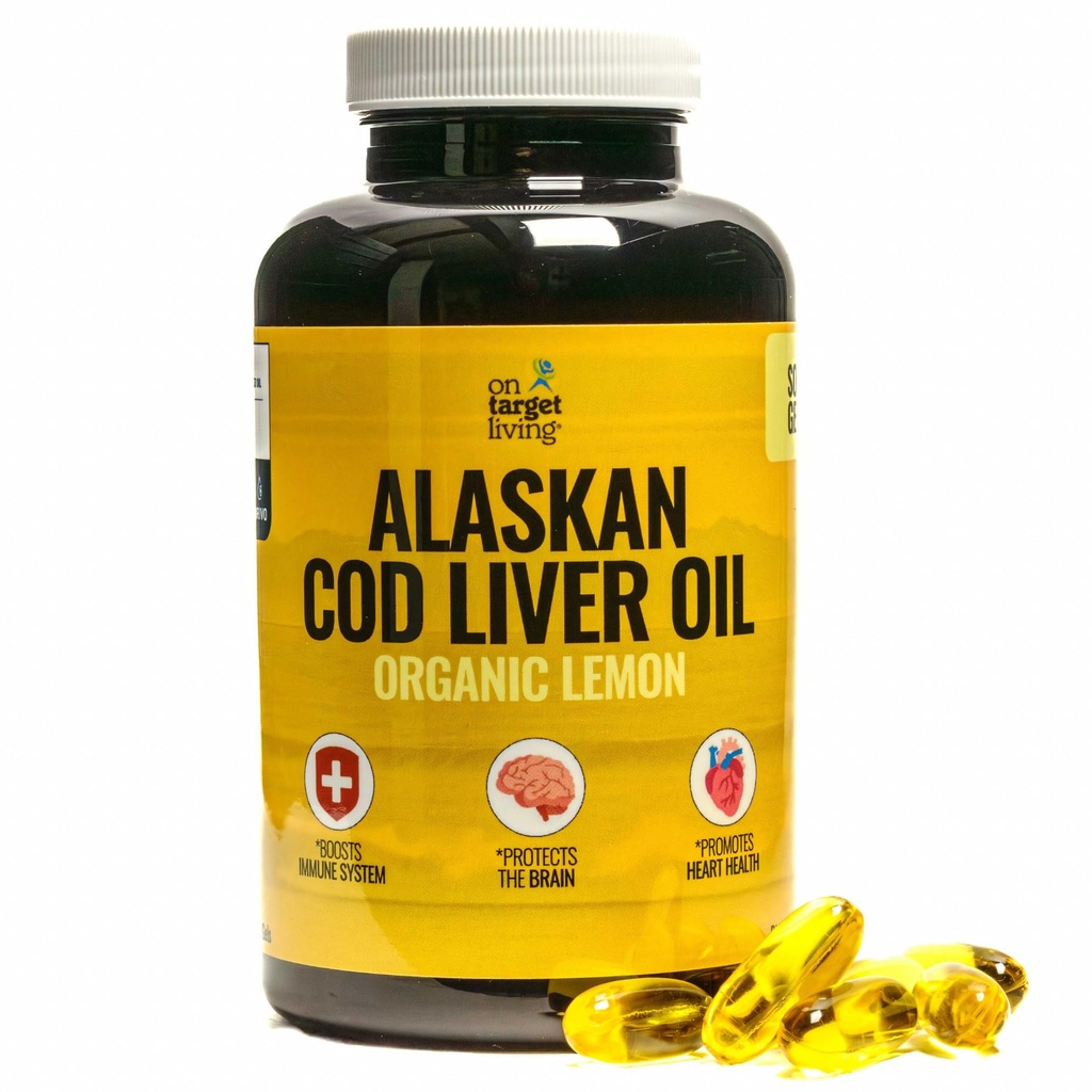 On Target Living Alaskan Cod Liver Oil 120 Soft Gel | Line Caught in the USA | Naturally Occurring Vitamin D | Rich in Omega 3 DHA/EPA
