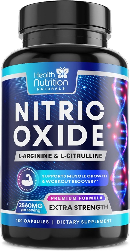 Nitric Oxide Booster 2560mg - Extra Strength L Arginine & Citrulline Supplemento per gli uomini e le donne - Premium Muscle Supporting Nitric Booster - Natural Energy & Heart Health Support - 180 Capsule