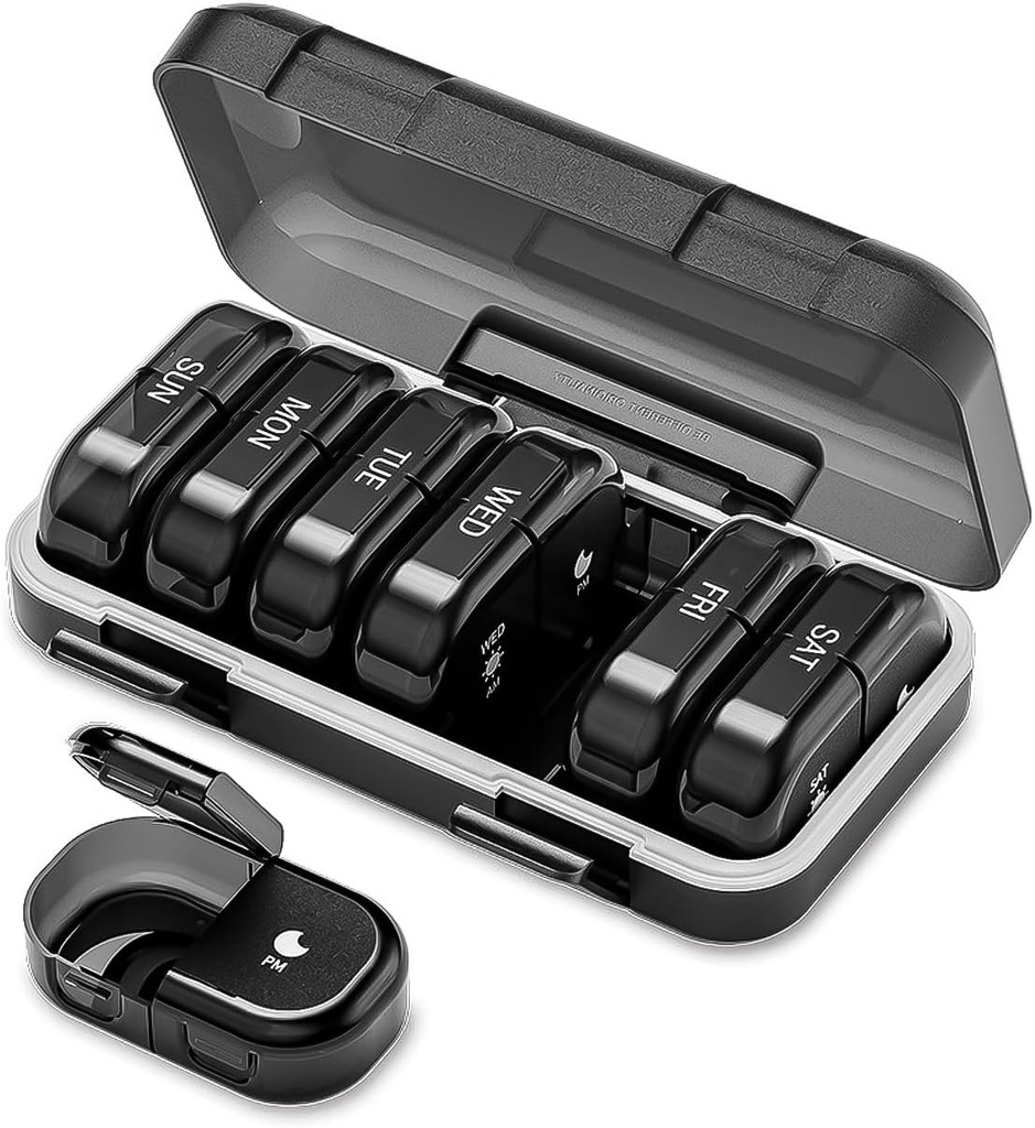 Organizzatore settimanale di pillole 2 volte al giorno, AM PM Pill Organizer 7 giorni, Portable Pill Case 14 giorni, Moisture Proof Large Pill Dispenser, Large Travel Pill Box for Vitamins Supplements (nero)