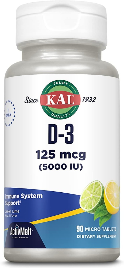 KAL Vitamina D-3 5000 IU ActivMelt, Dissolvere istantaneo, Lime Lime naturale Flavor, Funzione immunitaria sana e supporto per ossa, 90 Serve, 90 Micro Tablet