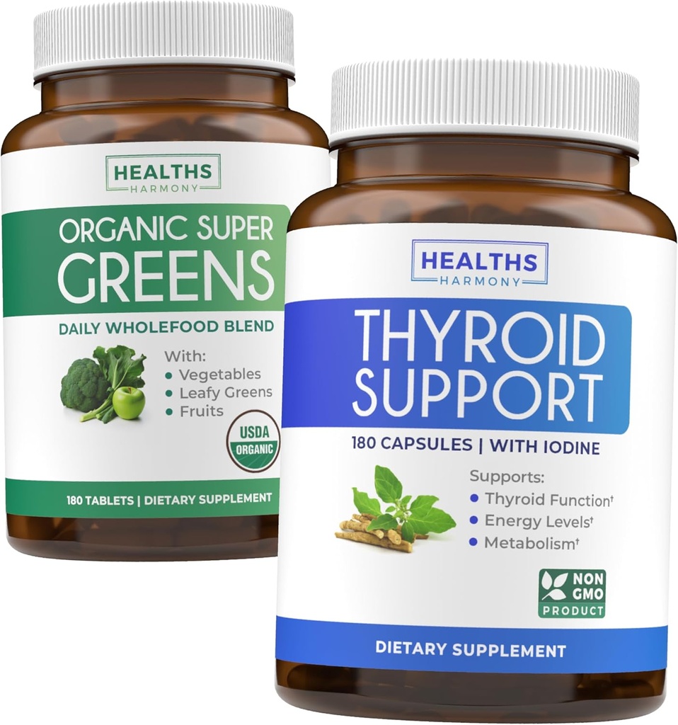 Super Greens & Tiroid Support (3-Month Supply) Tiroid Vitality Bundle di Organic Super Greens Polvere - Superfood completo (180 capsule) & Thyroid Supporto per gli uomini e le donne (non OGM)(180 capsule)