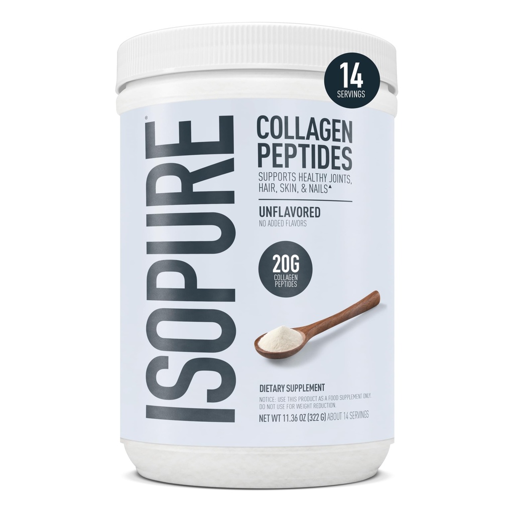 Isopure Collagen Peptides polvere, promuove capelli, unghie, pelle e salute comune, con vitamina C e biotina, non aromatizzato, 20g Peptidi di collagene per porzione, 11.36 Oz, 14 Servings (Packaging May Vary)
