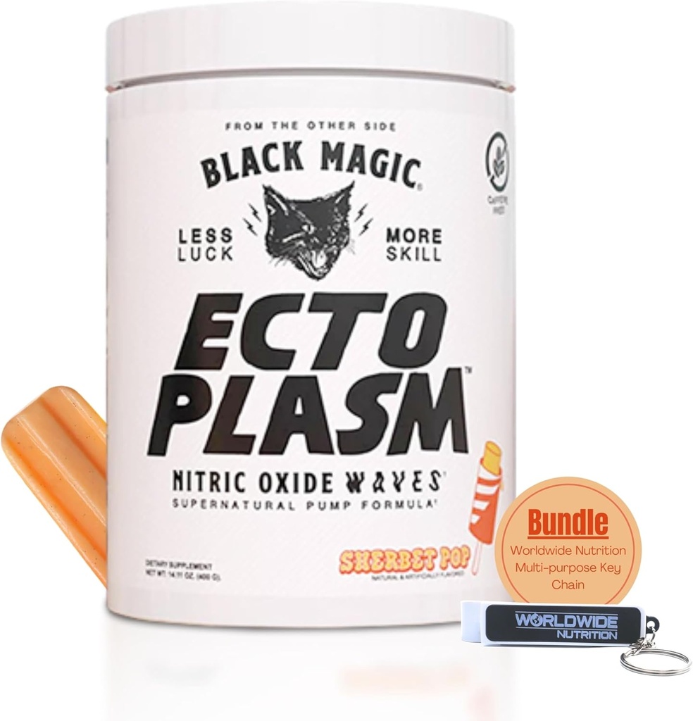 In tutto il mondo Nutrition Bundle Compatibile con il Black Magic Supply Ecto Plasm - Sherbet Pop High Volume Pre-Workout - 20 Scoops Non Stim Pump Preworkout Powder Supplement con Multi-Purpose Keychain
