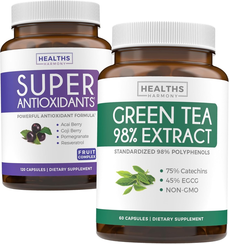 Antiossidanti & Estratto di tè verde (1-Month) Antiossidante Fusione Verde - Super Antiossidanti - Potente Super Food Daily Blend (120 Caps) & Green Tea Extract with EGCG Polyphenol Catechins(60 Caps)