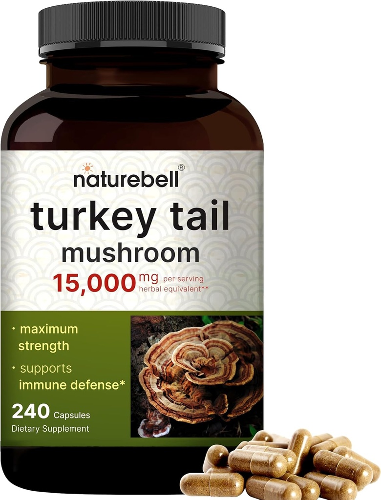 NatureBell Turkey Tail Mushroom Capsule 15,000mg Per Serving, 240 Count | 25:1 Fruiting Body & Mycelium Extract – Immune & Brain Health Mushrooms Supplement