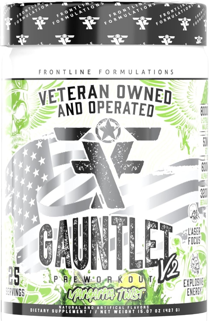 Gauntlet Pre-Workout Powder, Workout esplosivi, Laser Focus, Mid Stim, Amazing Flavor, Veteran Owned and Operated (25 Servings, Margarita Twist)