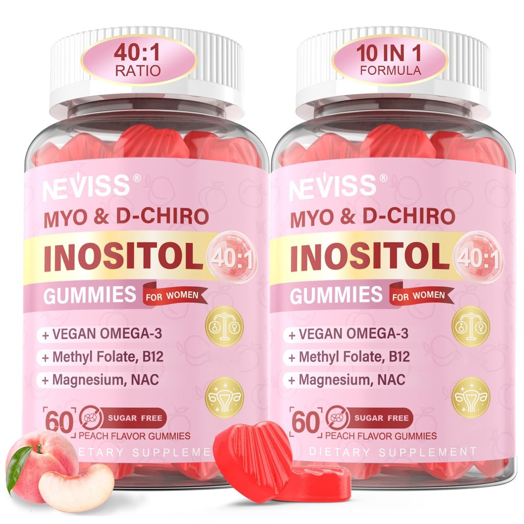 Myo-Inositol & D-Chiro Inositol Gummies per le donne 2000mg + 50mg, 40:1 Ratio Inositol con Vegan Omega-3 + D3, Magnesium Glycinate, Methyl Folate + B12 per la salute e il benessere femminile, Sugar Free, 120 Cts