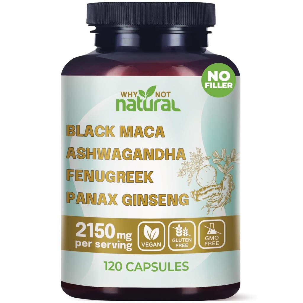 Perché non naturale 4-in-1 radice di maca nera organica, Ashwagandha, Fenugreek, Panax Ginseng capsule, supplemento per gli uomini e le donne