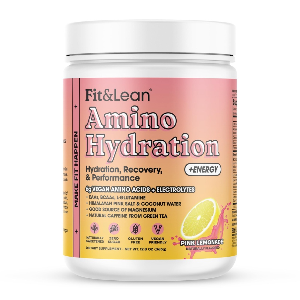 Fit & Lean Amino Hydration Plus Energy, Pre Workout Powder, 6g Vegan Aminoacidi Essemtial, EAA, BCAA, Glutamina, Electrolytes & Natural Caffeine, Pink Lemonade, 30 Serve