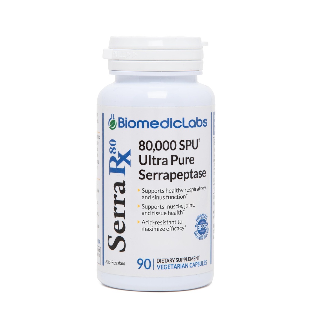 Serra-RX 80,000 SPU Serrapeptase - Acid-Resistant Proteolytic Systemic Enzyme, Non-GMO, Gluten Free, Vegan, Supports Sinus & Lung Health, 90 Veg Capsule