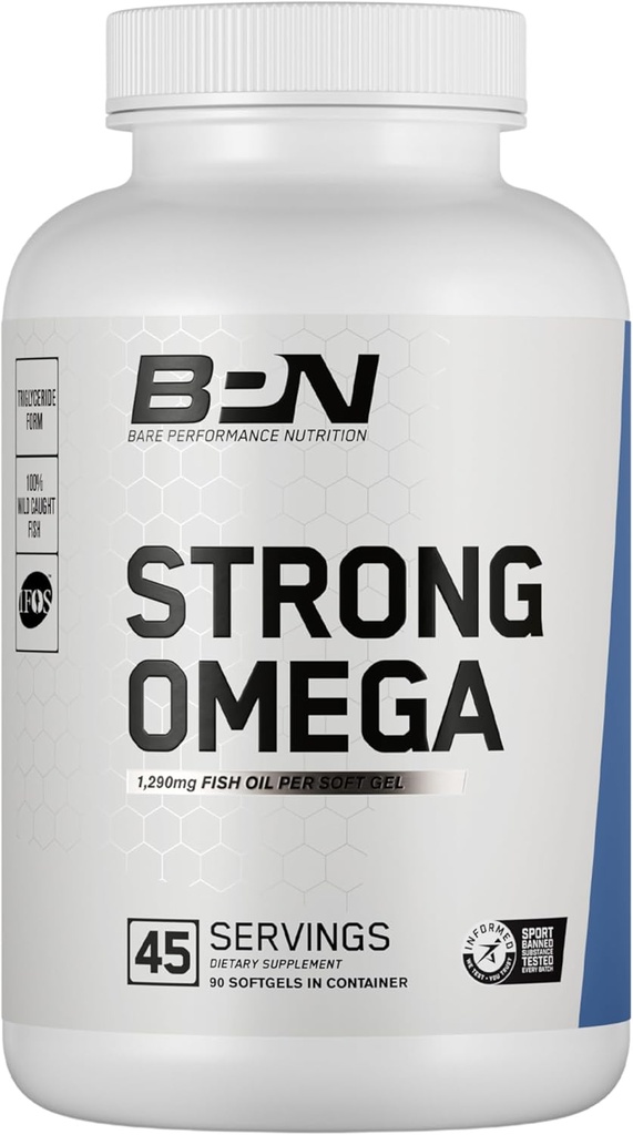 BARE PERFORMANCE NUTRITION, BPN Strong Omega Fish Oil Soft Gel, 1290mg Fish Oil per Capsule, Wild Caught Fish, Sostenibilmente Sourced, Certificato IFOS