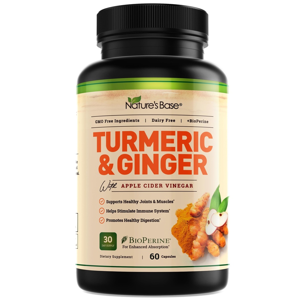 Natural's Base Turmeric and Ginger Supplement - con curcumina, Aceto di sidro di mele & BioPerine Black Pepper Extract - 95% Curcuminoids - 60 Capsule