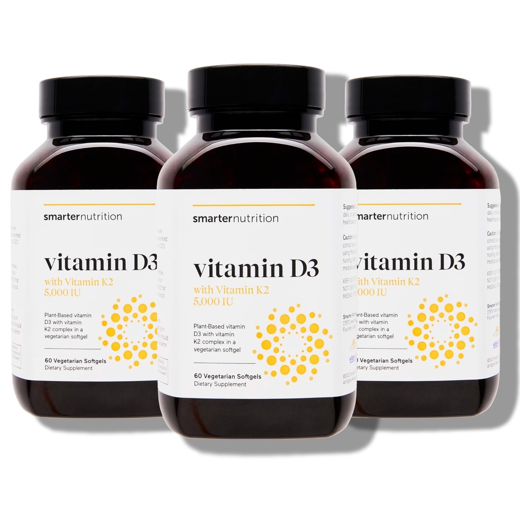 SMARTERNUTRITION Vegan Vitamin D3 5000 IU + Vitamina Naturale K2 1100 mcg in Cocco Biologico & Olio di Oliva - D3 K2 Supplemento per Immune & Bone Support - 180 Softgels[90 Day Supply]