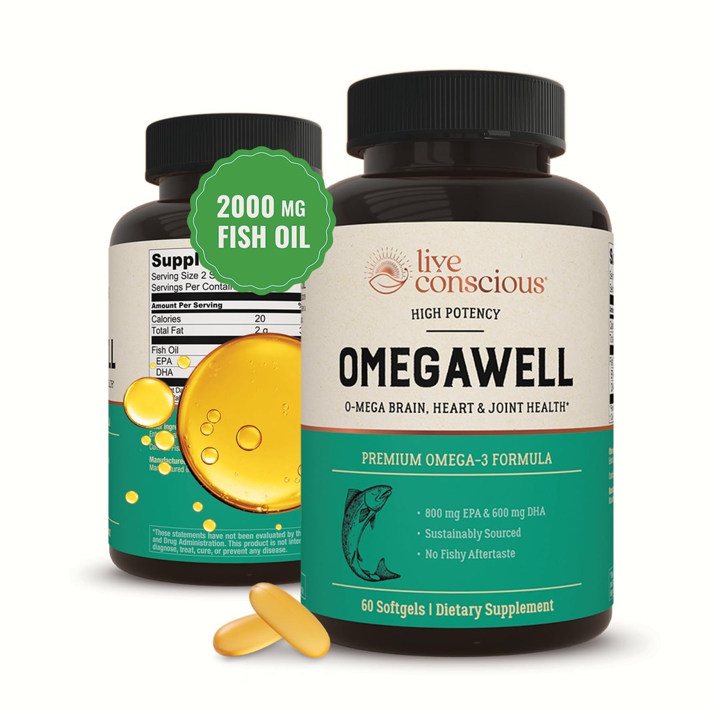 Live Conscious OmegaWell Omega 3 Fish Oil - 2000mg Capsule: Cuore, Cervello, & Joint Support - 800 mg EPA 600 mg DHA - Sostenibilmente Source - Softgels - 30 giorni di alimentazione