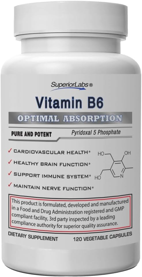 Vitamina B6 50mg, Pure Non-GMO Supplemento, Alta Assorbimento, Supporta Immune & Nervous System, Funzione cerebrale, Metabolismo & Heart Health, Essenziale per la produzione di emoglobina, 120 tappi di veg