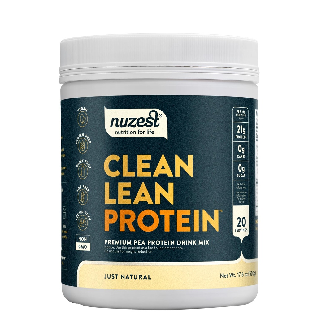 Nuzest - Pea Protein Powder - Clean Lean Protein, Premium Vegan Plant Based Protein Powder, Dairy Free, Gluten Free, OGM Free, Protein Shake, Just Natural (UNFLAVORED), 20 Servings, 1.1 lb