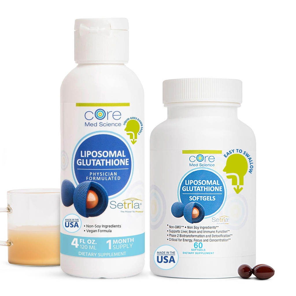 Core Med Scienza Liposomal Glutathione Soft Gel & Liquid Supplement Bundle per l'energia, la salute del cervello, la salute della pelle e del fegato
