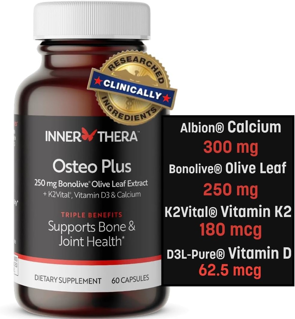 Osteo Plus 4-in-1 Integratore Comprensivo - Calcio con Vitamina D3, K2 e Bonolive - Supporta l'invecchiamento sano - Senza glutine, Non OGM, Vegan (60 conteggio)