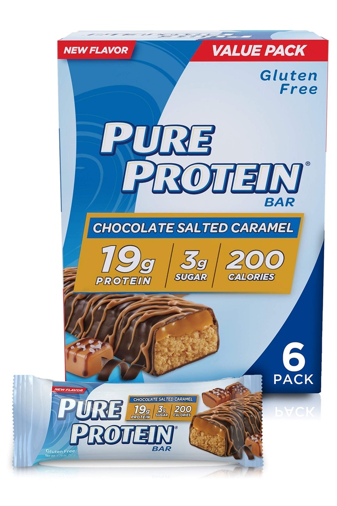 Pure Protein Bars, High Protein, Spuntini nutrienti per sostenere l'energia, basso zucchero, senza glutine, caramello salato al cioccolato, 1.76oz, 4 Pack