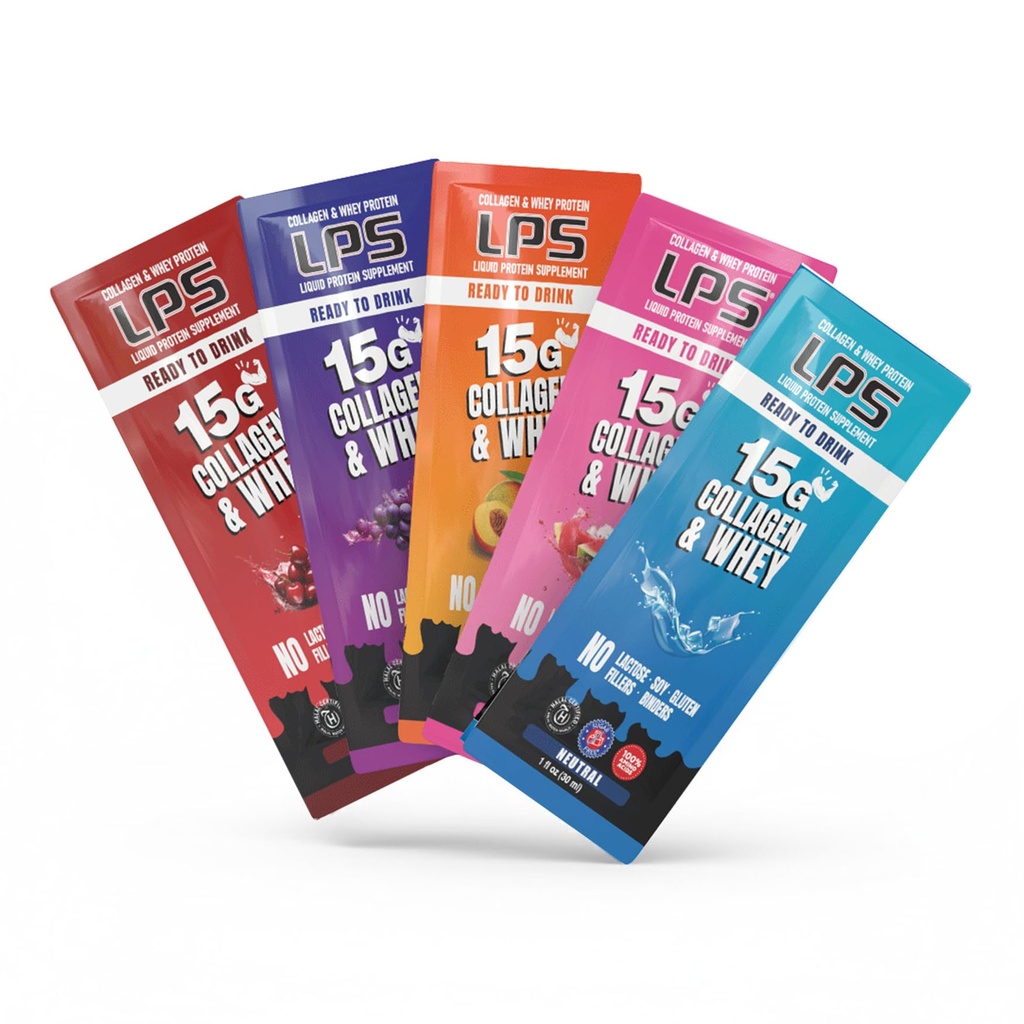 LPS Liquid Collagen & Whey Protein Supplement - Non OGM Drink, Sugar-Free - Promuove la pelle sana & capelli per gli uomini e le donne, Single Serve (Variety Box, 30)