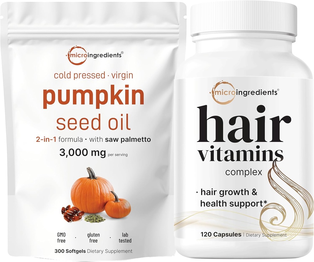 Micro ingredienti Olio di semi di zucca con Saw Palmetto 3.000mg Softgels & Hair Vitamins Complex Capsules | 2 Pack Bundle | Olio di Vergine Pressato a freddo | 14-in-1 Supporto per la crescita dei capelli con collagene & Biotin