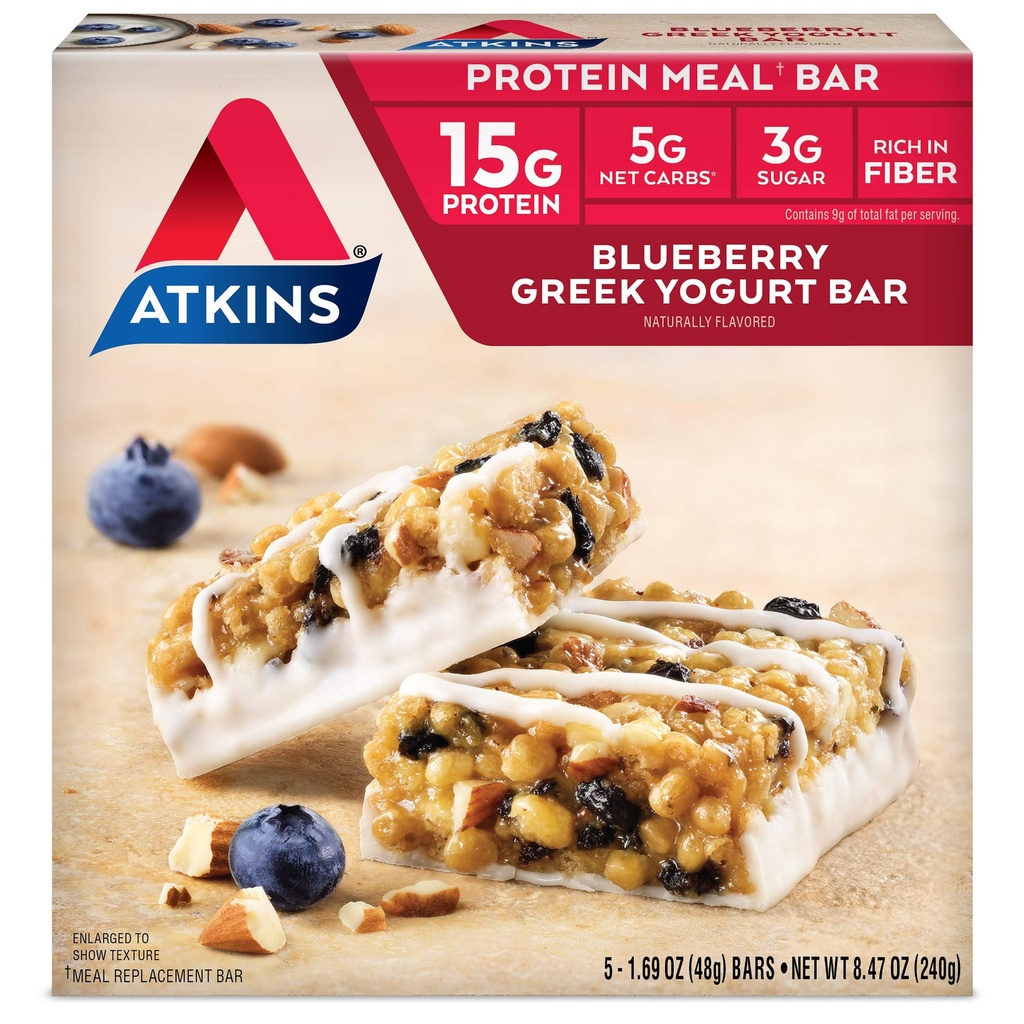 Atkins Blueberry Greco Yogurt Protein Meal Bar, High Fiber, 15g Protein, 3g Zucchero, 5g Carbs Net, Meal Sostituzione, Keto Friendly, 5 Conte