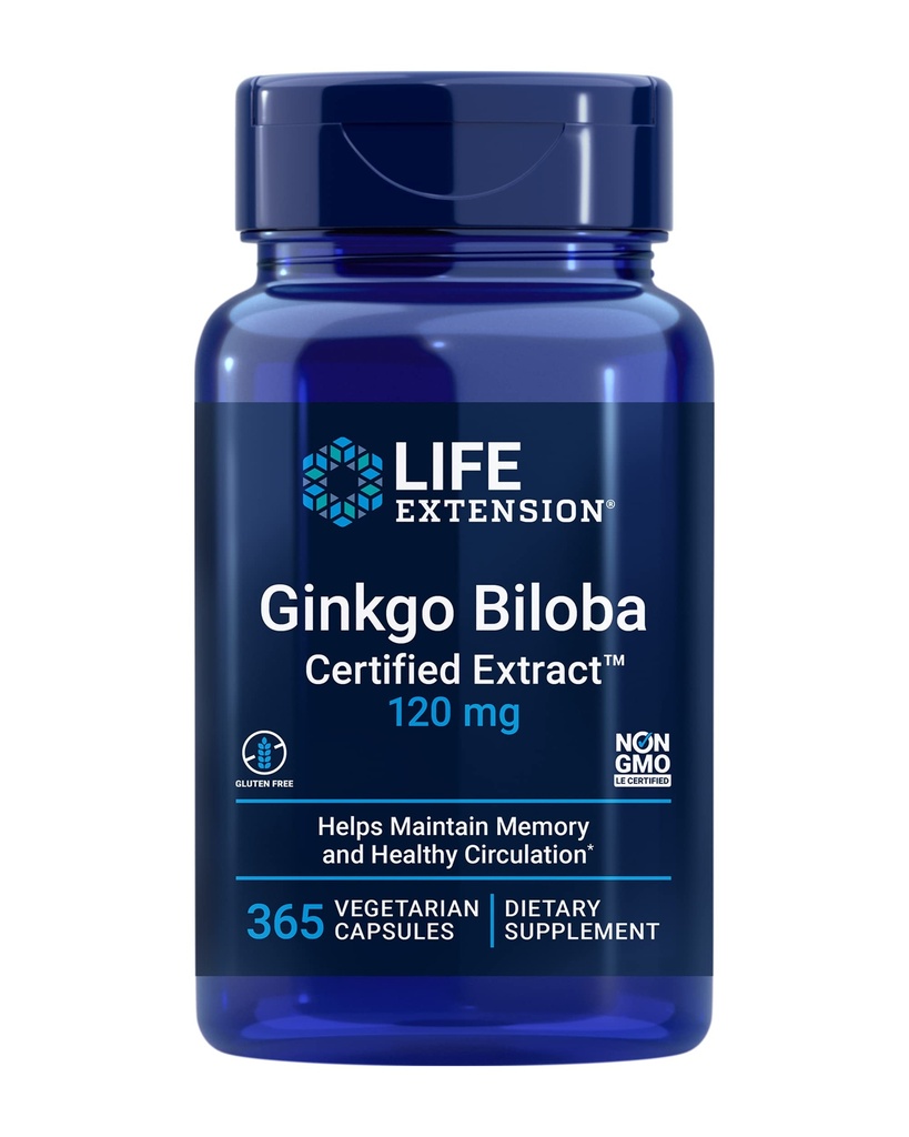 Ginkgo Biloba Certified ExtractTM, 120 mg, aiuta a mantenere la memoria e la conoscenza, senza glutine, non OGM, vegetariano, 365 capsule