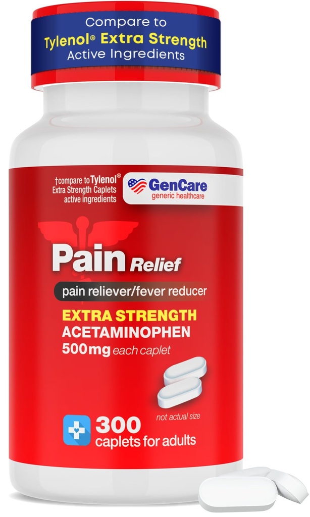 GenCare - Acetaminophen 500mg Rilievo di dolore ad alta resistenza (300 Caplets) - Multi Symptom Pain Reliever per mal di testa, seno, artrite, mal di schiena, Toothache, Riduttore di febbre, emicrania
