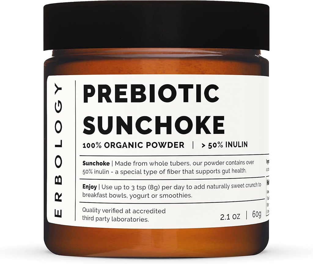 Erbologia Organic Sunchoke Powder 2.1 oz - 30 Serve - 50% Fibra di Inulina Prebiotica - Supporta la Salute del Gut e promuove il Microbiome Diverso - Alimentazione Buon Bacteria - Vegan - Gluten-Free - GMO-Free