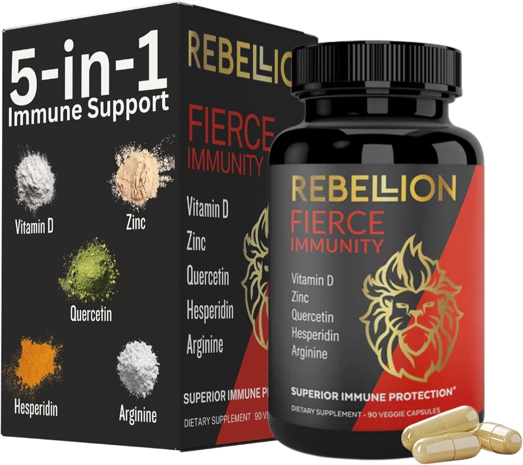 Supplemento 5 in 1 immunità di Fierce, supplemento di supporto immunitario e Boosters per adulti, vitamina C, quercetina, vitamina D, zinco, L-Arginina, Hesperidin, supporto per l'immunità, 90 capsule (1 mese di fornitura)