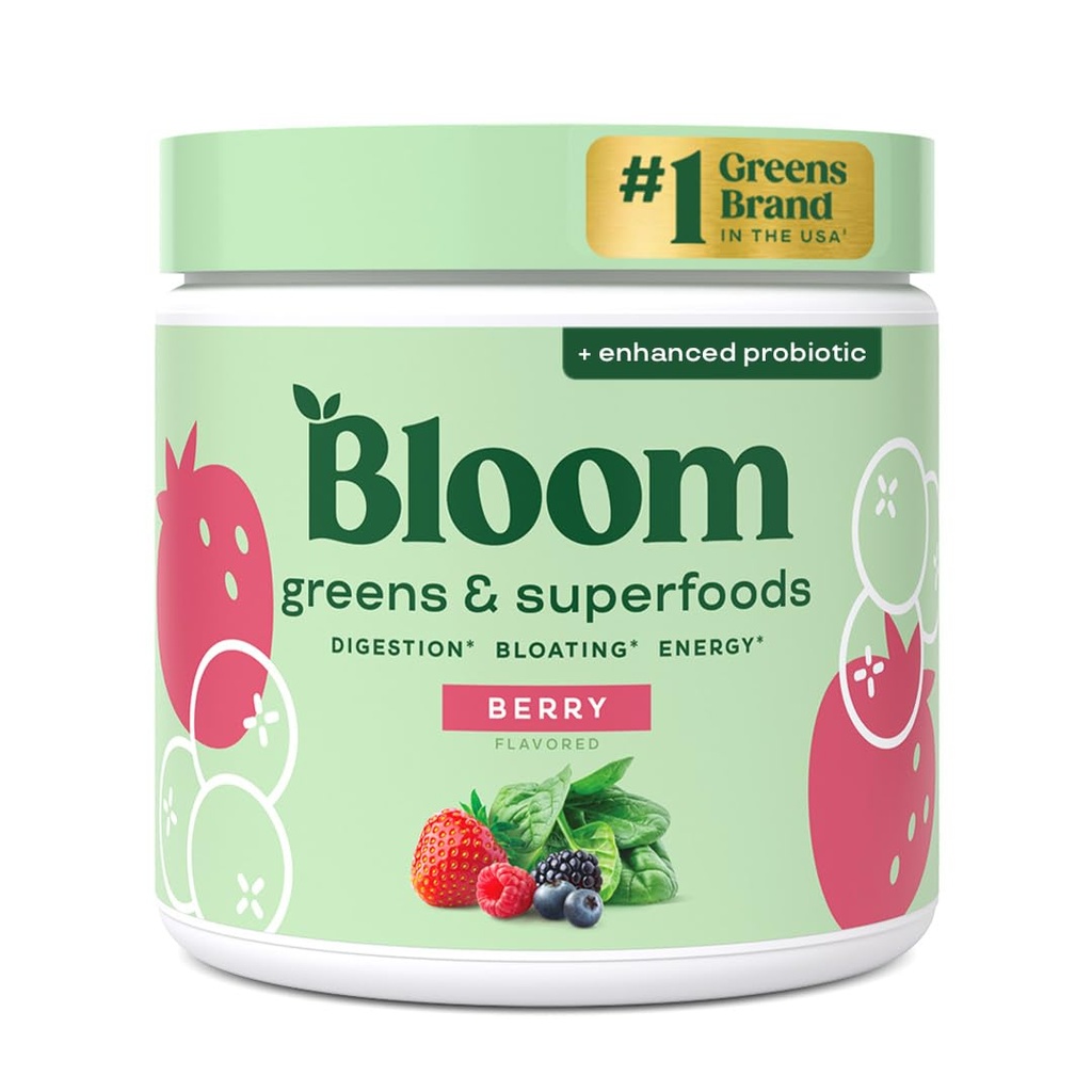 Bloom Nutrition Superfood Greens Powder, Enzimi Digestivi con Probiotici e Prebiotici, Salute Gut, Bloating Relief per le donne, Chlorella, Green Juice Mix with Beet Root Powder, 30 SVG, Berry