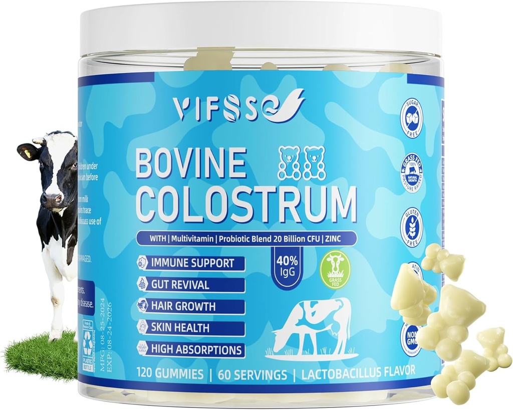 Grass Fed Colostrum Supplement 2000mg, 120 Gummies Sugar Free 40% IgG Bovine Colostrum Gummies + Probiotico, Multivitamin Etc per il supporto immunitario, Gut Support, Hair & Skin