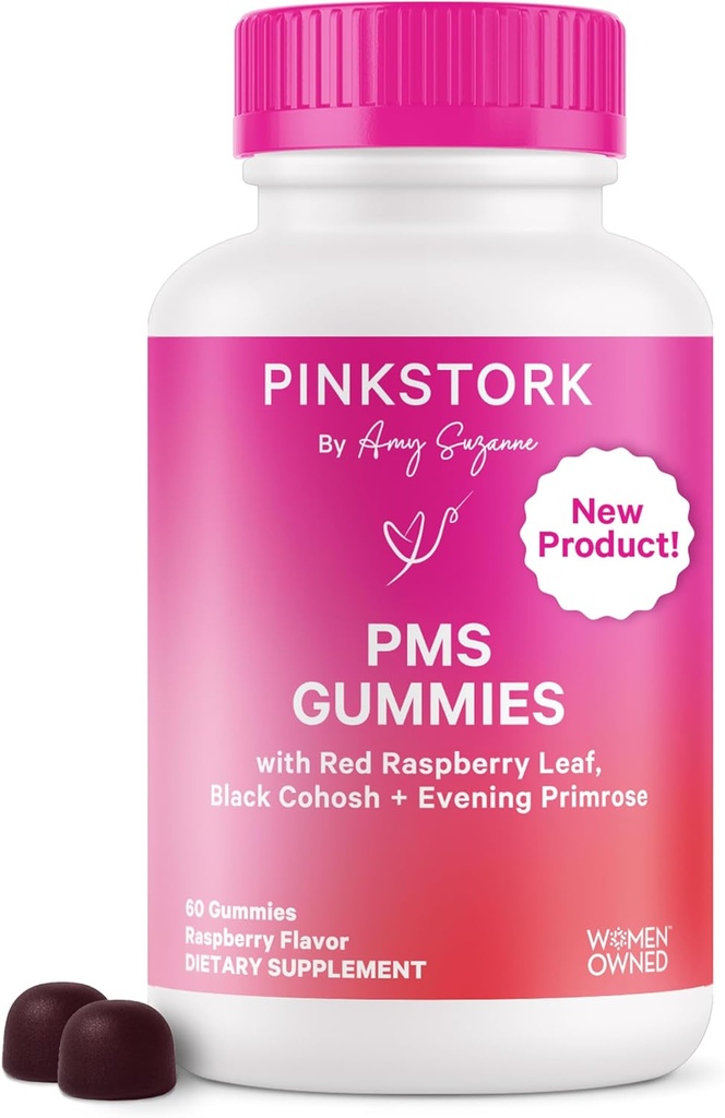 Gummie di sostegno della cicogna rosa per le donne - Foglia di lampone rosso, Cohosh nero, Olio di semi di Primrose - Bloating, Cravings, Pelle, Mood - Supporto del ciclo ormonale - 60 Gummie di Berry - Vegan, Basato su piante