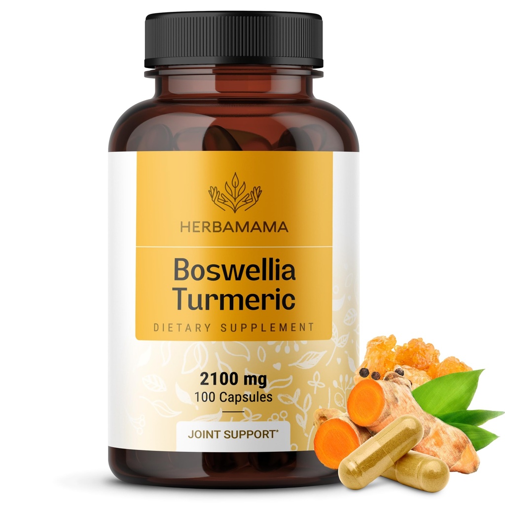 HERBAMAMAMA Estratto di Turmerico e Boswellia Capsule - 2100mg Boswellia Serrata & Turmeric Complex con Estratto di Pepe Nero - Vegan, Non OGM, 95% Curcuminoidi Antiossidante Supplemento, 100 Caps