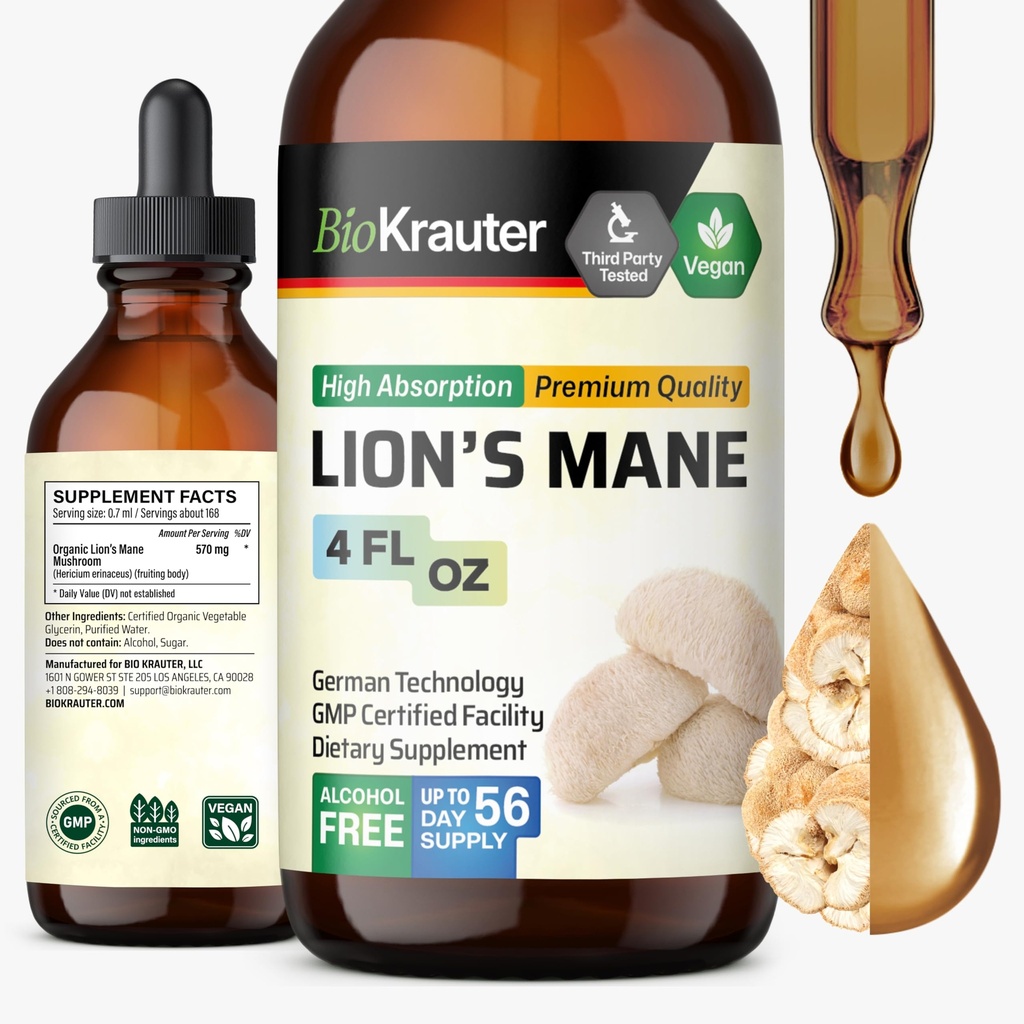 BIO KRAUTER Lions Mane Liquid Extract - Mushroom Supplemento per il supporto del cervello - Vegan Lions Mane Supplement - Alcol & Sugar Gocce libere - 4 Fl.Oz.