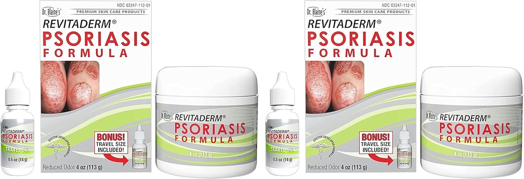 Formula di psoriasi REVITADERM di Dr. Blaine - Crema Topica con Tar di Carbone, Olio di Albero di Tè e Olio di Lavanda per Itching, Flaking, Dry, Cracked Skin Relief - 4 fl. oz. - Include la bottiglia di formato di viaggio (2-Pack)