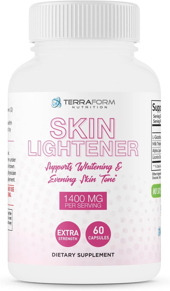 TerraForm Nutrition Skin Lightening Supplement, Glutathione 1000mg per Serving, Clears and Evens Skin Tones, aiuta a eliminare le macchie scure e le cicatrici di acne - 30 Serve