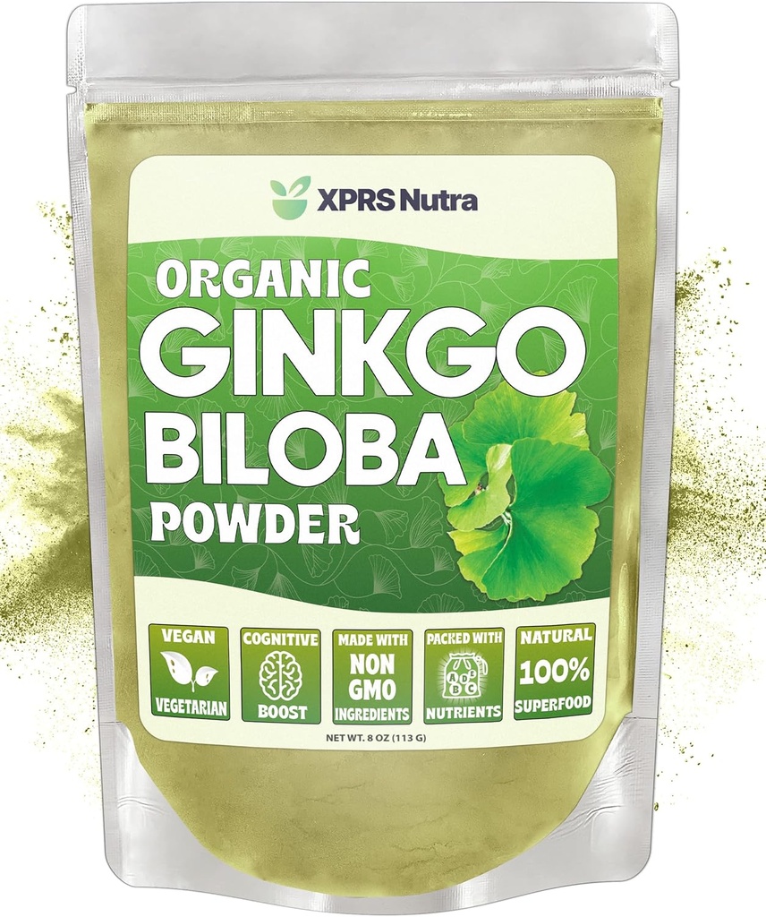 XPRS Nutra Organic Ginkgo Biloba Polvere - Gingko Biloba Integratori per Cognizione - Vegan Friendly Ginkoba Biloba Organic - Immunity Boosting Ginkgo Biloba Polvere (8 oz)