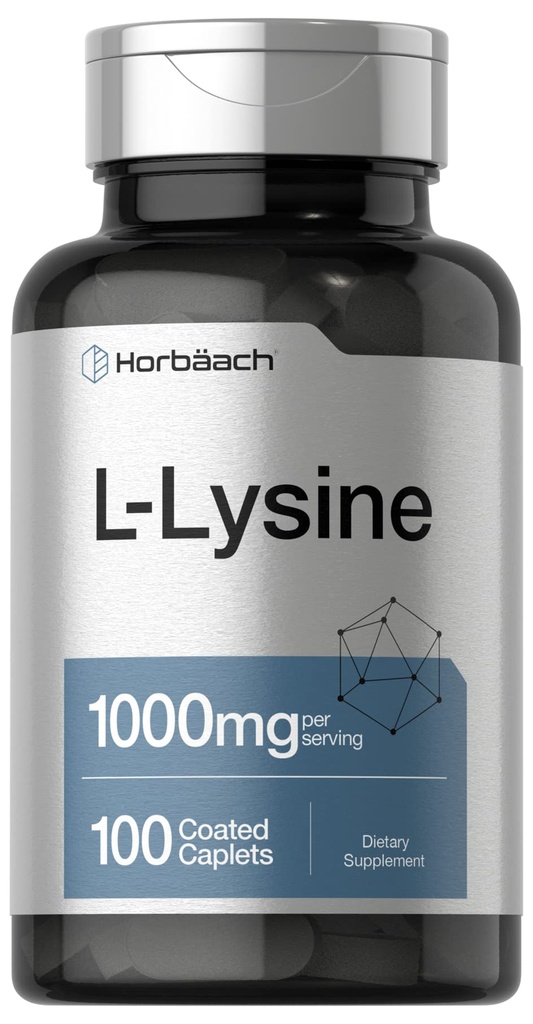 Horbäach L-Lysine 1000mg | 100 Caplets ricoperti | Supplemento dietetico gratuito | Aminoacido essenziale | Vegetariano, Non OGM e Formula senza glutine
