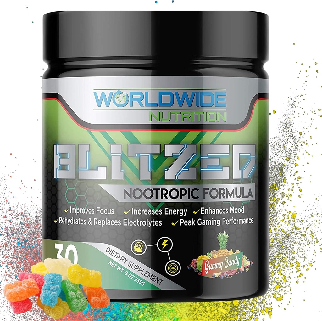 In tutto il mondo Nutrizione Blitzed Nootropic Formula - Tutta la polvere di miscela di energia naturale - Integratori di cervello per la memoria e la messa a fuoco - Migliorata messa a fuoco e supplemento di energia - Gomma Candy Flavor - 30 Serve