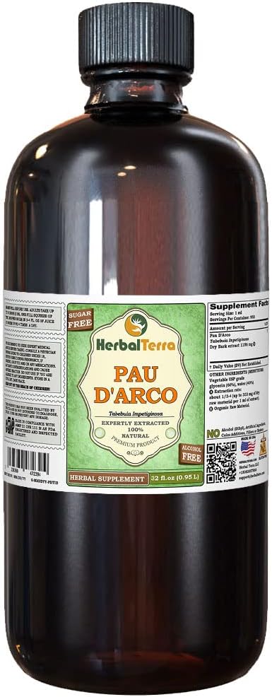 PAU d'arco (Tabebuia Impetiginosa) Glycerite, Estratto liquido senza alcool di corteccia essiccato (Nome: HerbalTerra, Proudly Made in USA) 32 fl.oz (0.95 l)