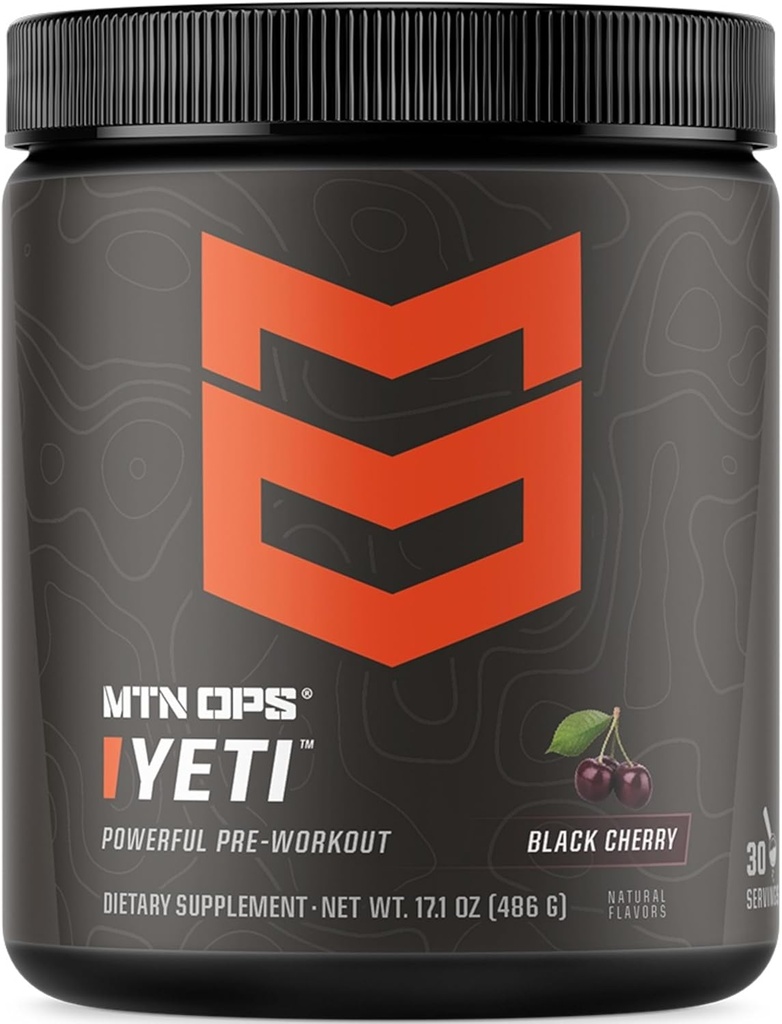 MTN OPS Yeti Pre-Workout Polvere Energy Drink con Creatina, 200 mg Caffeina e BCAAs con Beta Alanine, 30-Serving Tub, Ciliegia nera