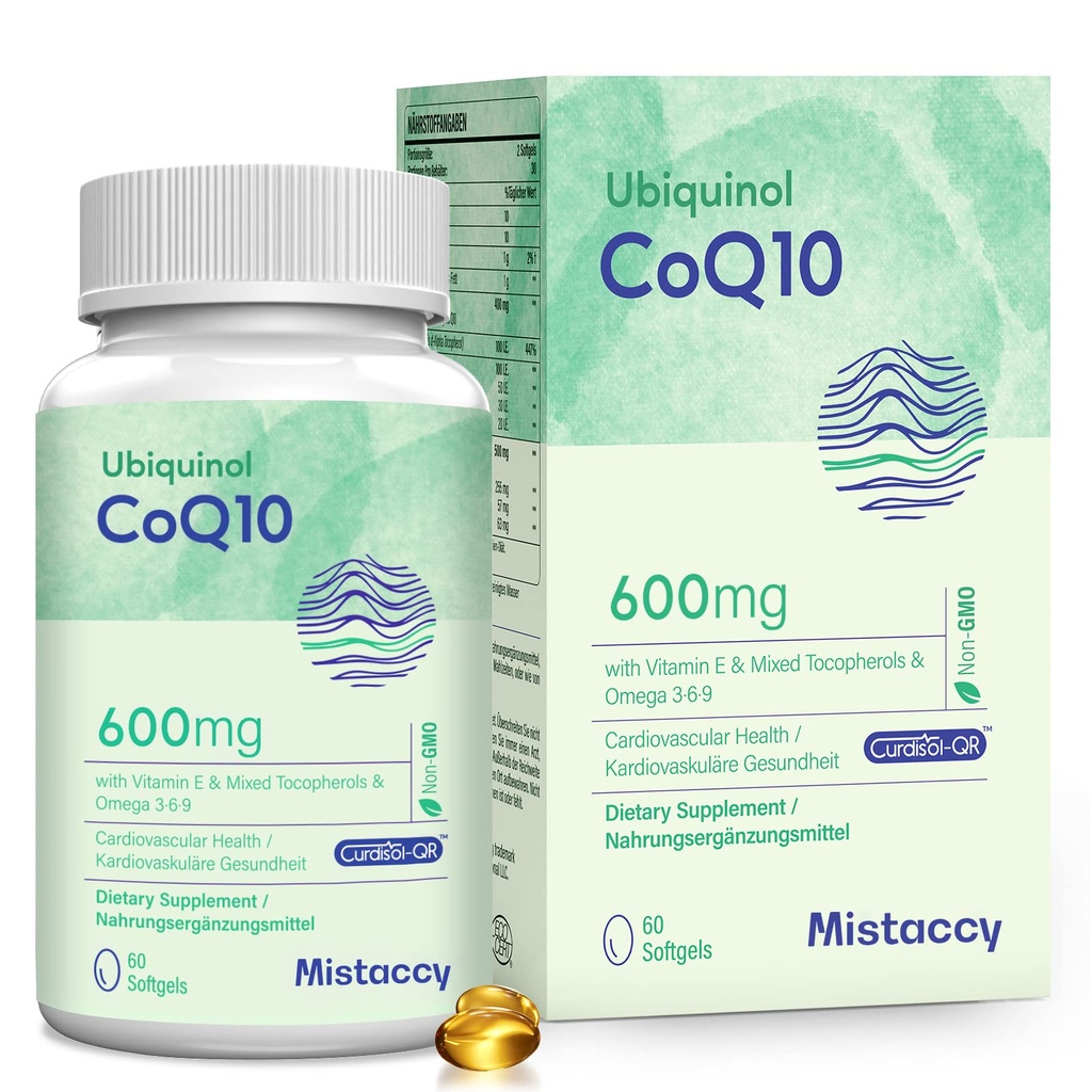 CoQ10 600mg Softgels | High Absorption CoQ10 Ubiquinol Supplemento | Forma ridotta potenziata con vitamina E & Omega 3 6 9 | Powerhouse antiossidante Buono per la salute| 60 Softg